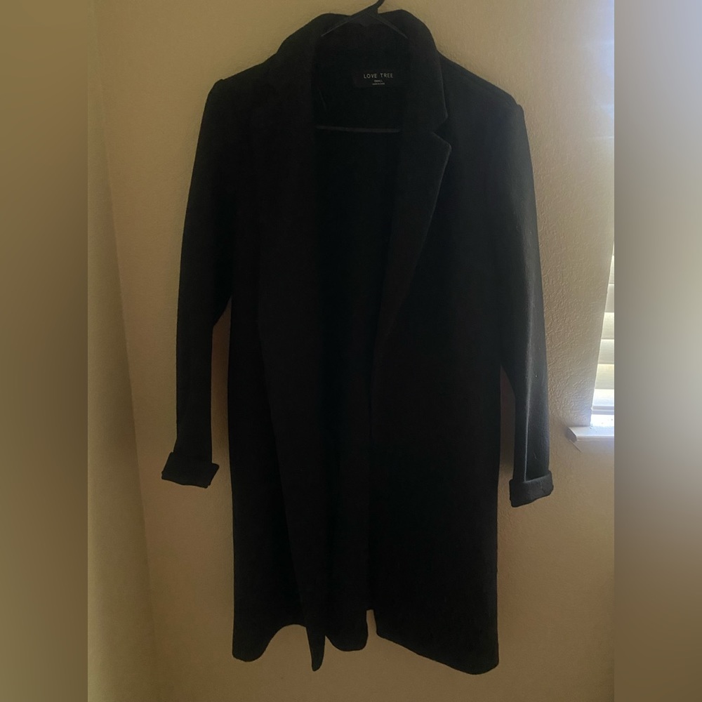 Love Tree Black Collared Trench Coat